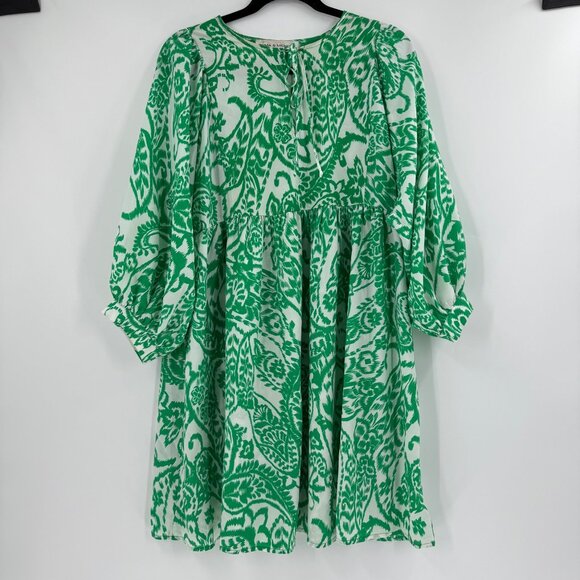 Emma & Michele Green & White Boho Maxi Dress W/ Tie Neck & Long Sleeves Size M - Picture 1 of 10